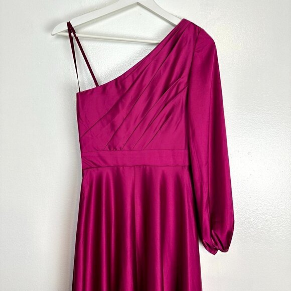 MAC DUGGAL One-Shoulder Long Sleeve Satin High/Low Gown in Berry Size US 0 - Picture 10 of 13